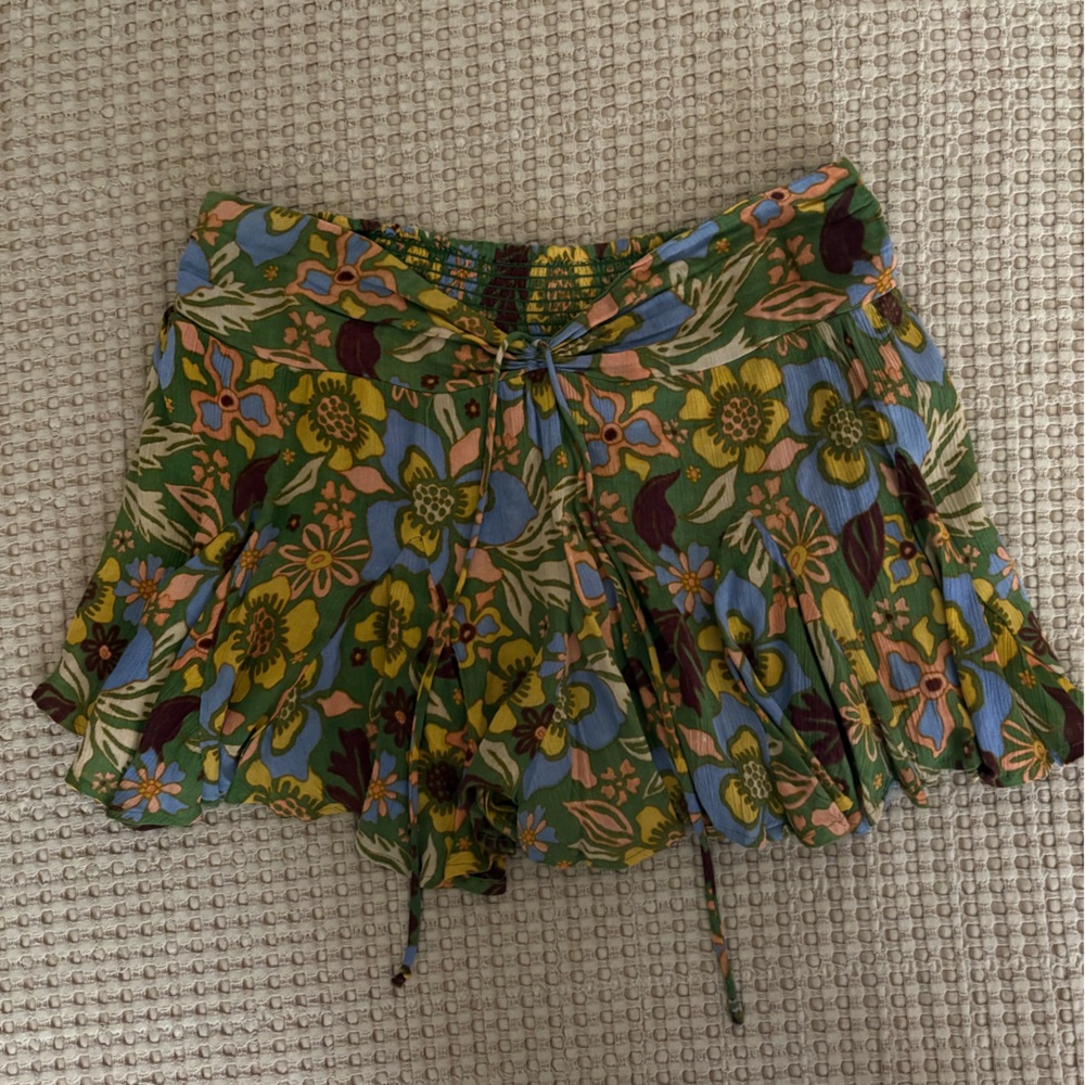 Free People Ellie Floral Tie-Waist Mini Skort - Green Multi - Size S